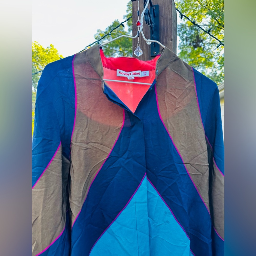 See by Chloe 100% silk button up women’s top Hues of blue and brown - Picture 8 of 8